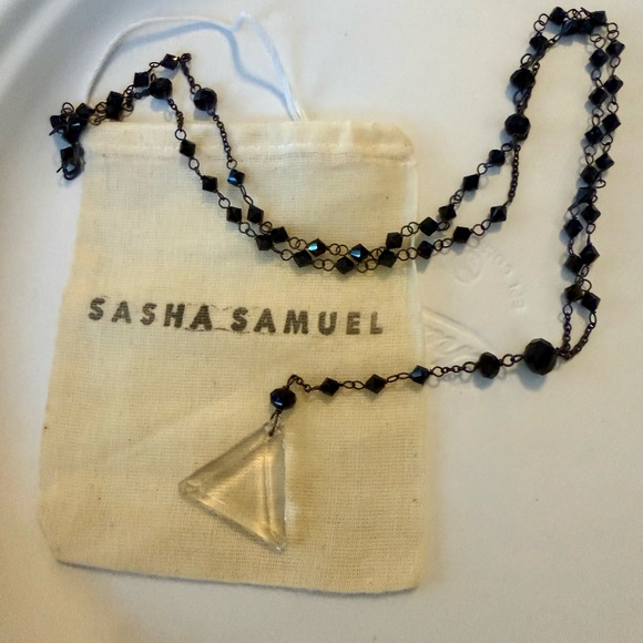 NWOT Sasha Samuel Black crystal Beaded Rosary Necklace with Quartz Pendant - Picture 2 of 4